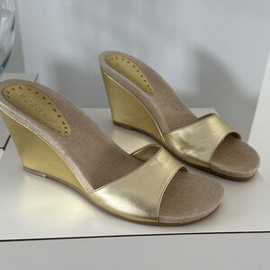 BCBG Metallic Gold Wedge Sandals